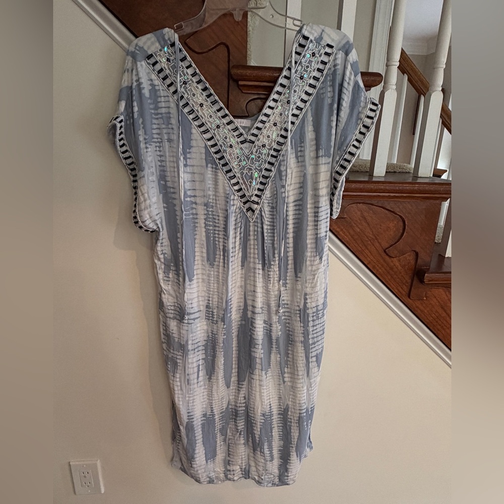 Olivaceous Beaded V-Neck Dress in Light Blue & White- Size S/M